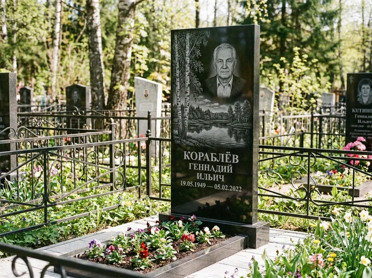 Памятник с гравировкой берёзы — гравировка берёзы у зеркального озера, работа «Кораблёв» в Сочи