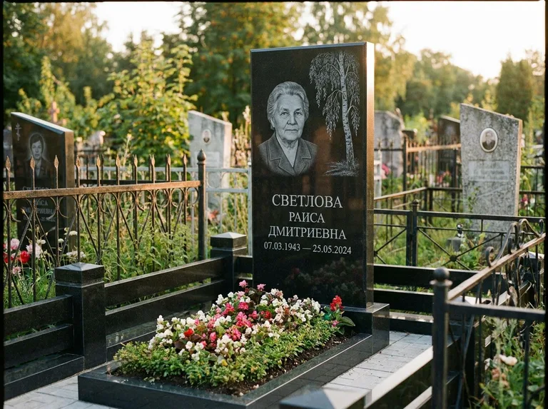 Памятник с гравировкой берёзы — гравировка плакучей берёзы с тонкими ветвями, работа «Светлова» в Сочи