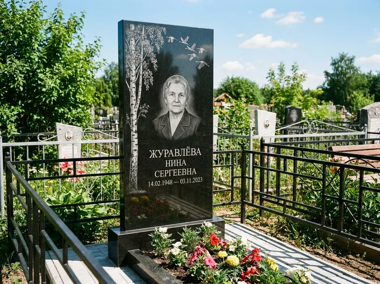 Памятник с гравировкой берёзы — гравировка берёзы с журавлиным клином в небе, работа «Журавлёва» в Сочи