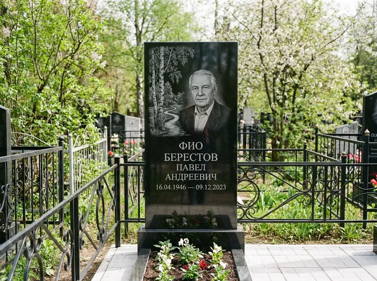Памятник с гравировкой берёзы — гравировка берёзы у тропинки, уходящей вдаль, работа «Берестов» в Сочи