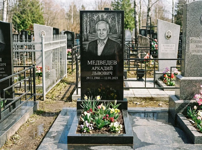 Памятник с гравировкой берёзы — гравировка берёзовой рощи в глубину, работа «Медведев» в Сочи
