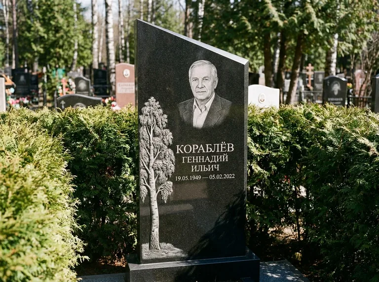 Памятник с гравировкой берёзы: асимметричная скошенная стела — объёмная одинокая берёза с фактурной корой, живая изгородь из туи, работа «Кораблёв» в Сочи
