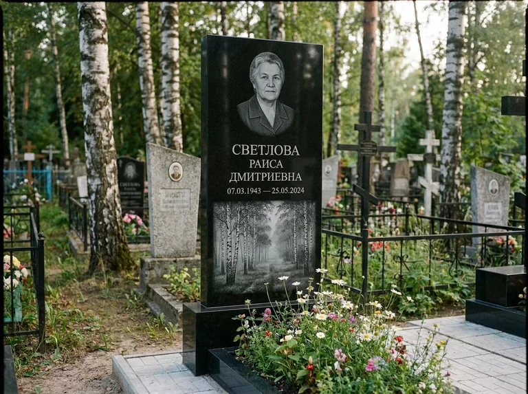 Памятник с гравировкой берёзы: двойная семейная стела — берёзовая роща в лёгкой дымке, цветник с полевыми цветами, работа «Светлова» в Сочи