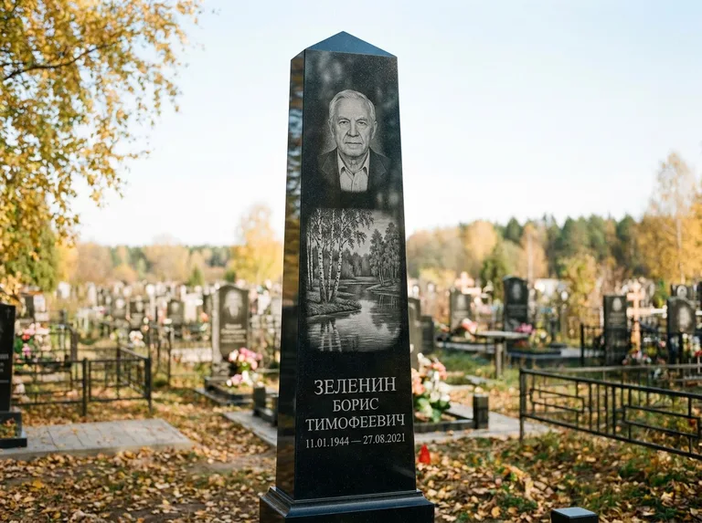 Памятник с гравировкой берёзы: гранёный обелиск-колонна — берёза у воды с отражением, открытый участок, мягкий свет, работа «Зеленин» в Сочи