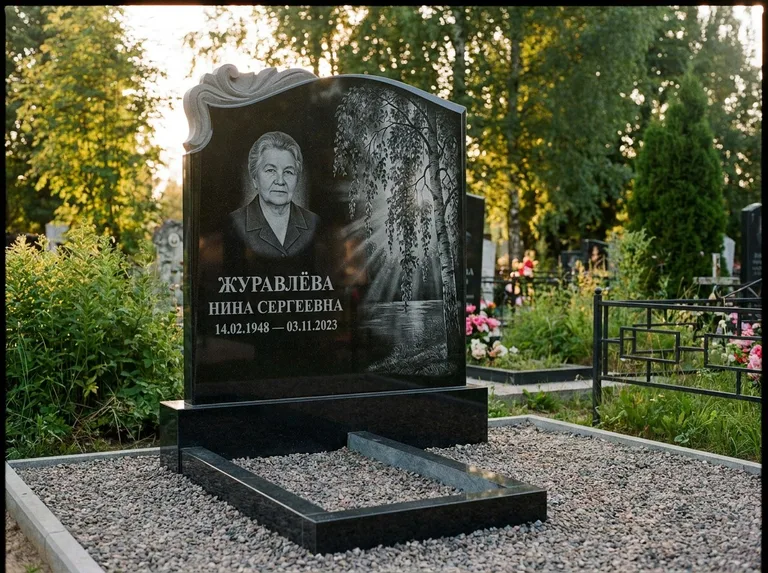 Памятник с гравировкой берёзы: стела с фигурным резным верхом — плакучая берёза в контровом свете, гравийная отсыпка, рассвет, работа «Журавлёва» в Сочи