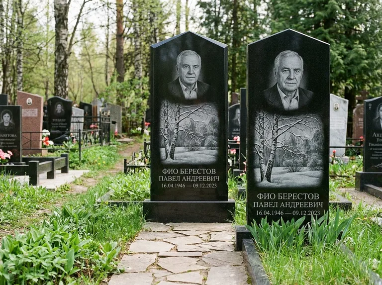 Памятник с гравировкой берёзы: массивная стела с двускатным навершием — зимняя берёза, снег на ветвях, дорожка из природного плитняка, работа «Берестов» в Сочи