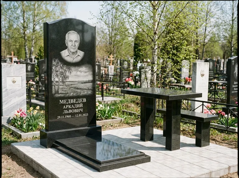 Памятник с гравировкой берёзы: стела с гранитным столиком и скамьёй — берёза у поля, простор до горизонта, семейный участок с плиткой, работа «Медведев» в Сочи