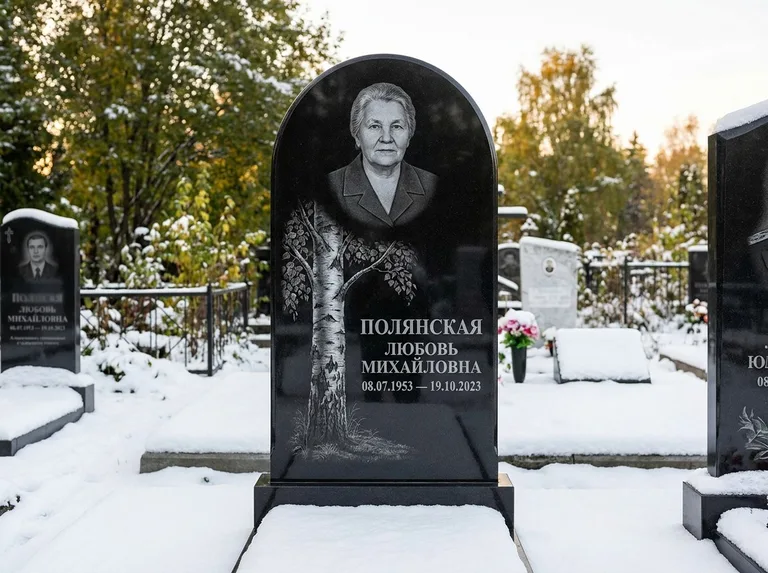 Памятник с гравировкой берёзы: полукруглая стела — объёмная одинокая берёза с фактурной корой, заснеженный зимний участок, работа «Полянская» в Сочи