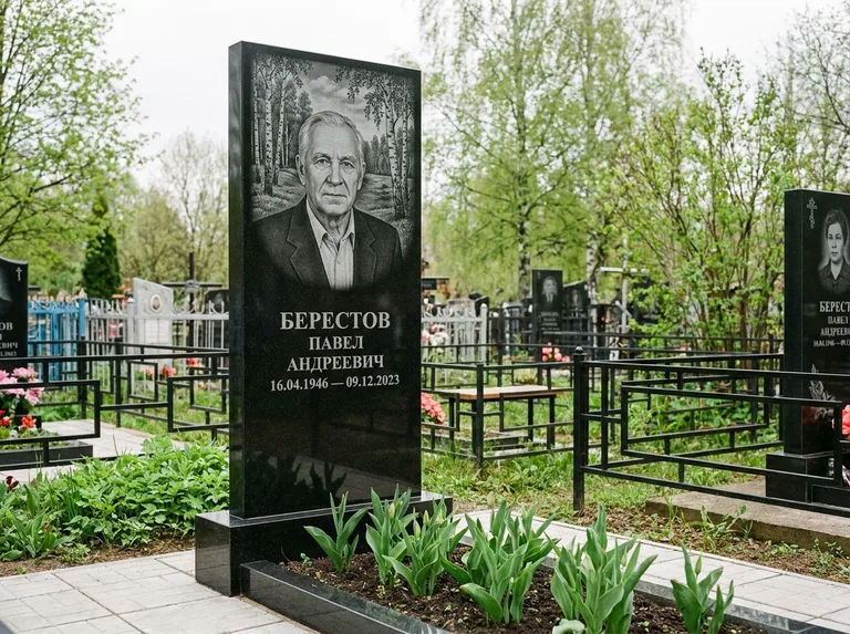 Памятник с гравировкой берёзы — гравировка берёзовой рощи в глубину, работа «Берестов» в Сочи