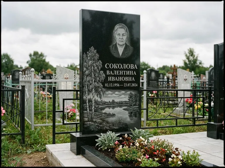 Памятник с гравировкой берёзы — гравировка берёзы у зеркального озера, работа «Соколова» в Сочи