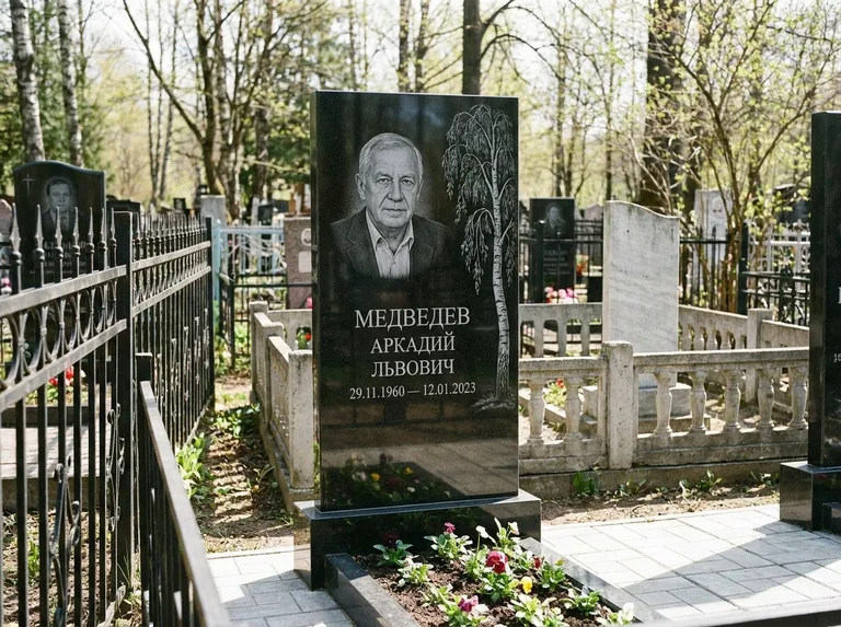 Памятник с гравировкой берёзы — гравировка плакучей берёзы с тонкими ветвями, работа «Медведев» в Сочи