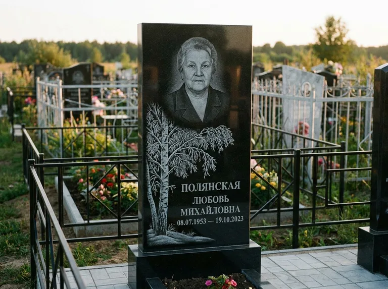 Памятник с гравировкой берёзы — гравировка зимней берёзы в инее, работа «Полянская» в Сочи