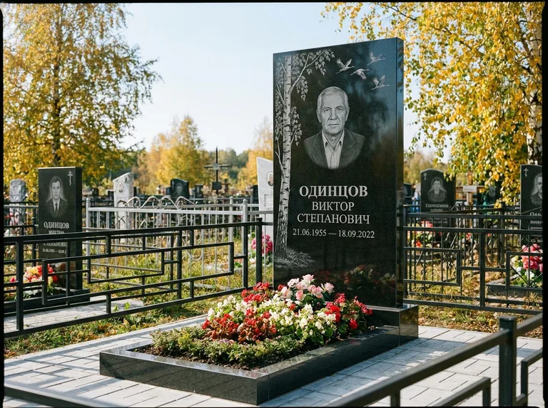 Памятник с гравировкой берёзы — гравировка берёзы с журавлиным клином в небе, работа «Одинцов» в Сочи