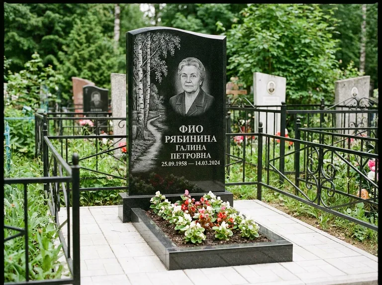 Памятник с гравировкой берёзы — гравировка берёзы у тропинки, уходящей вдаль, работа «Рябинина» в Сочи
