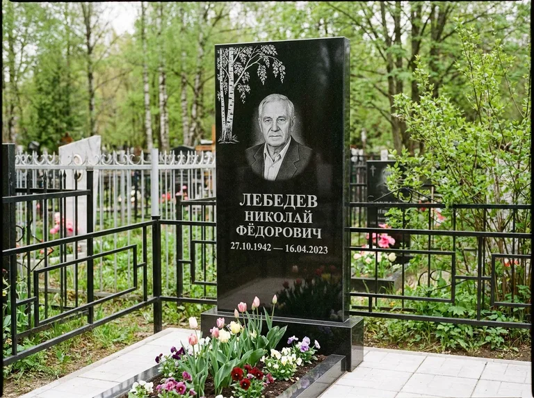 Памятник с гравировкой берёзы — гравировка одинокой берёзы над именем, работа «Лебедев» в Сочи