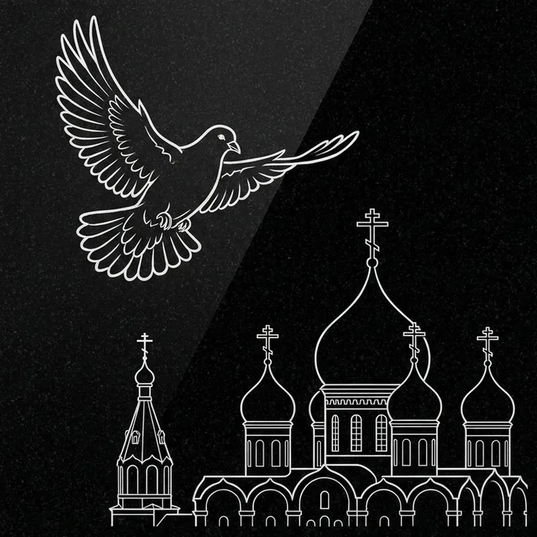 Эскиз гравировки голубей на памятник — голубь в небе над храмом в Сочи