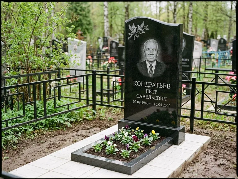 Памятник с гравировкой голубей — гравировка пары голубей на ветке в верхнем углу стелы, работа «Кондратьев» в Сочи