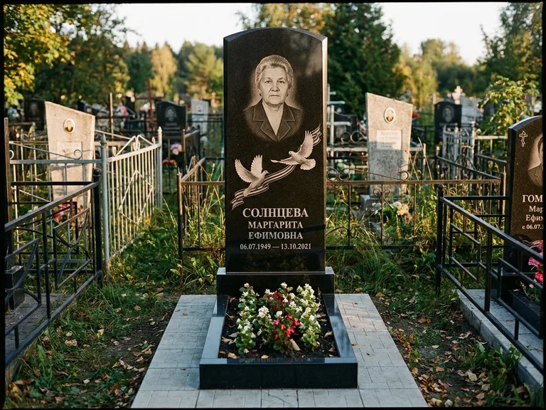 Памятник с гравировкой голубей — гравировка двух летящих голубей с лентой по диагонали стелы, работа «Солнцева» в Сочи