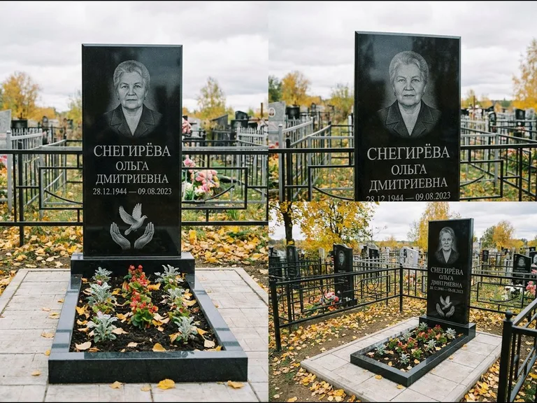 Памятник с гравировкой голубей — гравировка голубя над раскрытыми ладонями внизу стелы, работа «Снегирёва» в Сочи