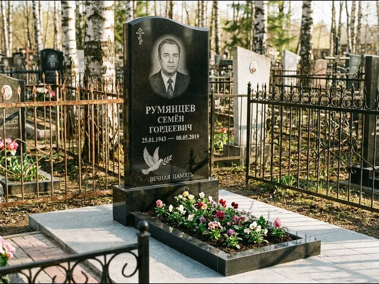 Памятник с гравировкой голубей — гравировка голубя с оливковой ветвью рядом с эпитафией, работа «Румянцев» в Сочи