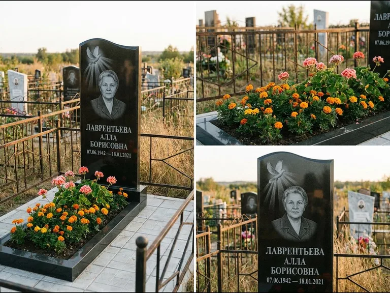 Памятник с гравировкой голубей — гравировка голубя в лучах света над портретом, работа «Лаврентьева» в Сочи