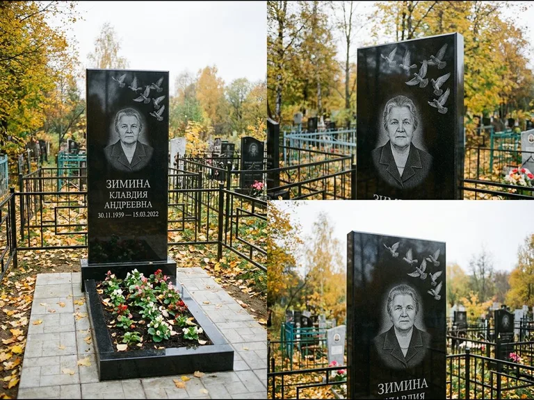 Памятник с гравировкой голубей — гравировка стаи голубей, взлетающей от угла стелы, работа «Зимина» в Сочи