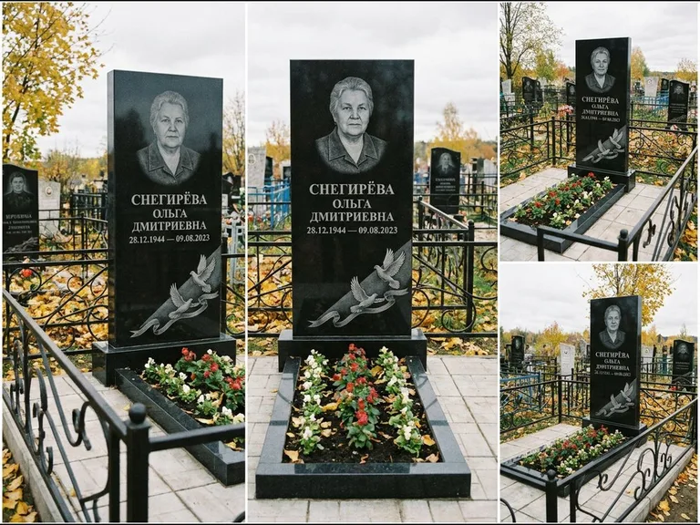 Памятник с гравировкой голубей — гравировка двух летящих голубей с лентой по диагонали стелы, работа «Снегирёва» в Сочи
