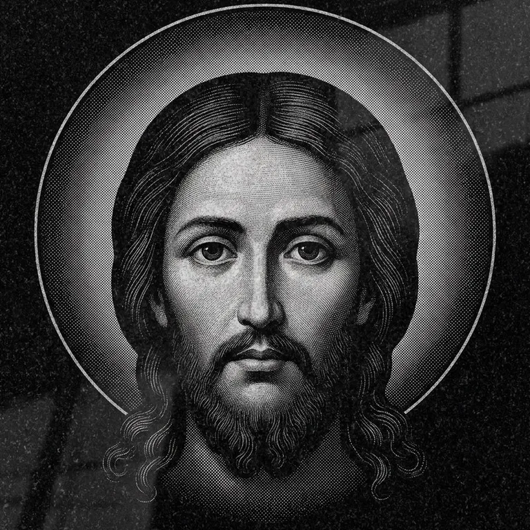 Эскиз иконы: Спас Нерукотворный (полутон) — детальный лик на убрусе, гравировка на памятник в Сочи