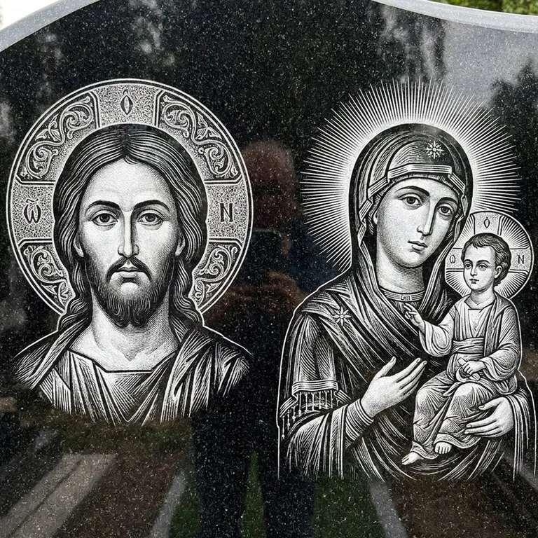 Эскиз иконы: Спаситель и Богородица — парные образы симметрично, гравировка на памятник в Сочи
