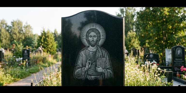 Иконы для гравировки на памятник в Сочи — образ на стеле из чёрного гранита с ручной доводкой лика