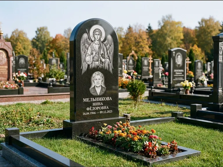 Памятник с гравировкой иконы — икона над портретом усопшего, работа «Журавлёв» в Сочи