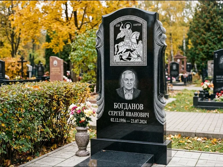Памятник с гравировкой иконы — икона Спаса Вседержителя над именем усопшего, работа «Лебедева» в Сочи