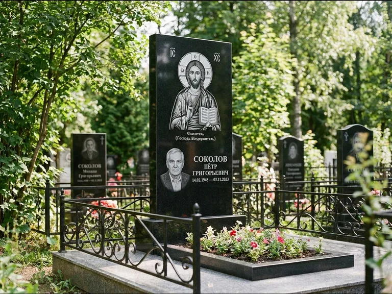 Памятник с гравировкой иконы — икона Спаса Вседержителя над именем усопшего, работа «Воронцова» в Сочи