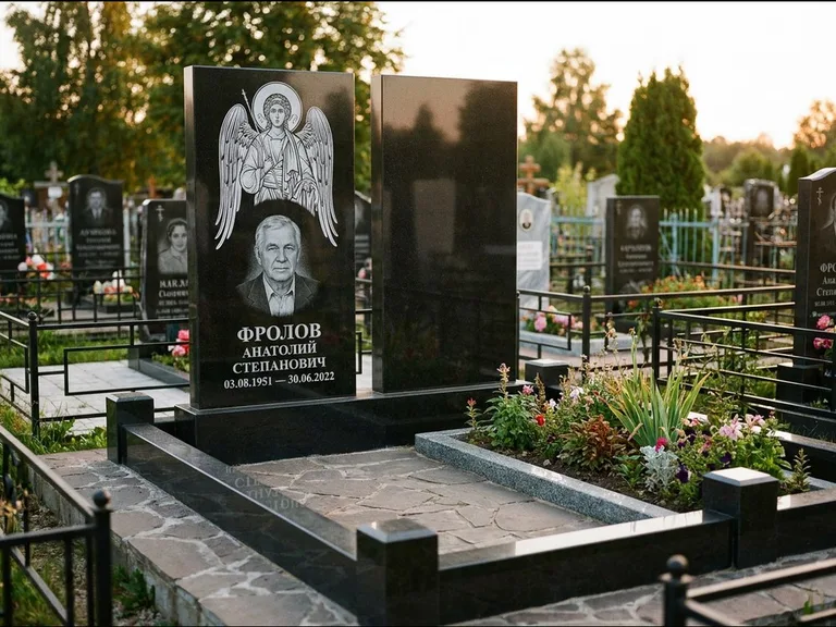 Памятник с гравировкой иконы: стела с резной рамкой вокруг иконы — Архангел Михаил на стеле, белая мраморная крошка с бордюром, работа «Богданова» в Сочи