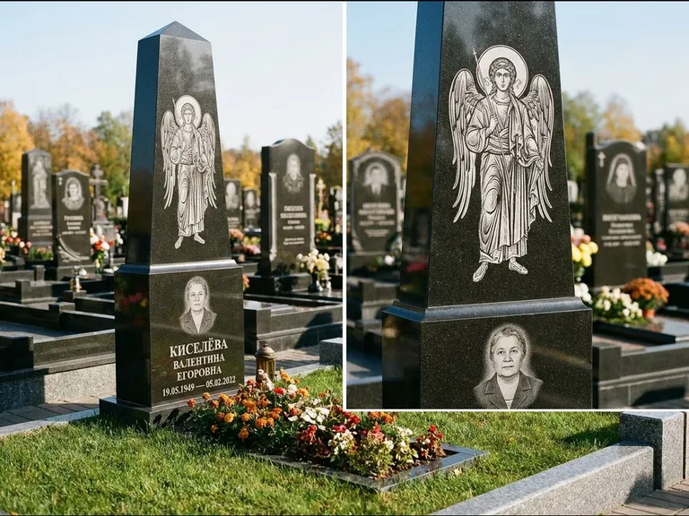 Памятник с гравировкой иконы: асимметричная скошенная стела — гравировка образа Спасителя, живая изгородь из кустарника, работа «Третьяков» в Сочи
