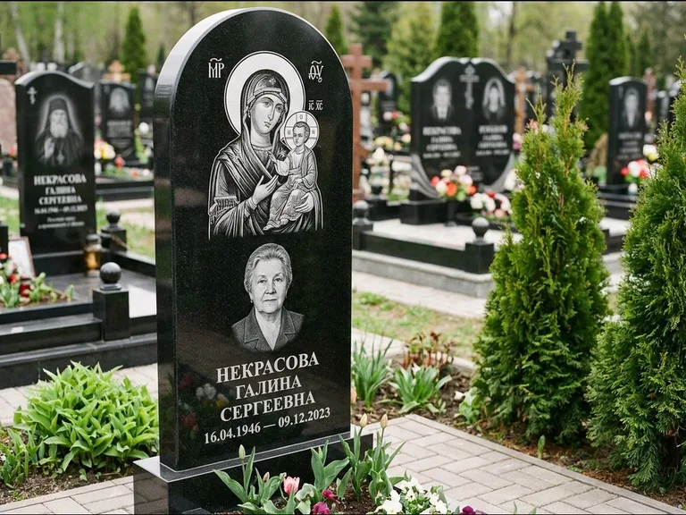 Памятник с гравировкой иконы: фигурная стела с киот-нишей под икону — икона в резной рамке-киоте, светлая гравийная отсыпка, работа «Журавлёв» в Сочи