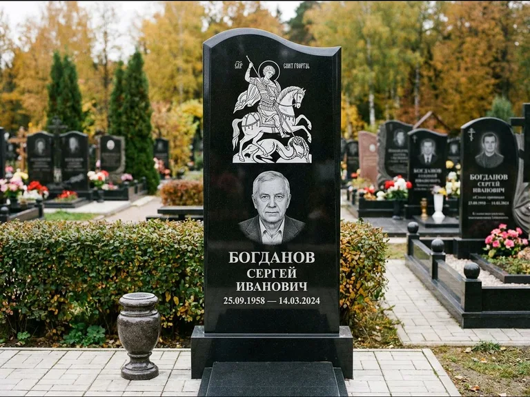 Памятник с гравировкой иконы: монументальный семейный мемориал из двух стел на общем цоколе — гравировка Николая Чудотворца, мощёная гранитная площадка без ограды, работа «Раевская» в Сочи