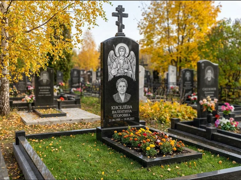 Памятник с гравировкой иконы — образ в полный рост на обороте стелы, работа «Гущин» в Сочи