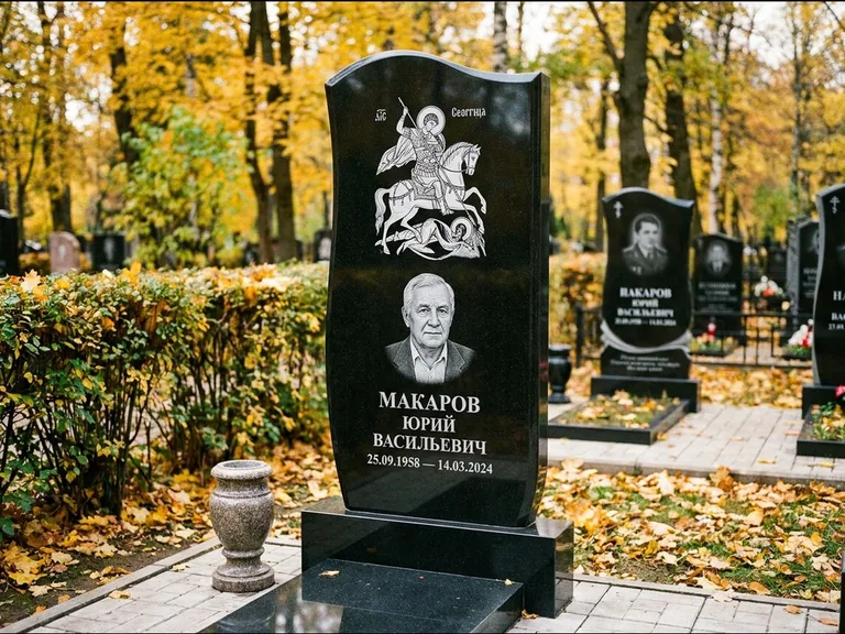 Памятник с гравировкой иконы — икона над портретом усопшего, работа «Раевская» в Сочи