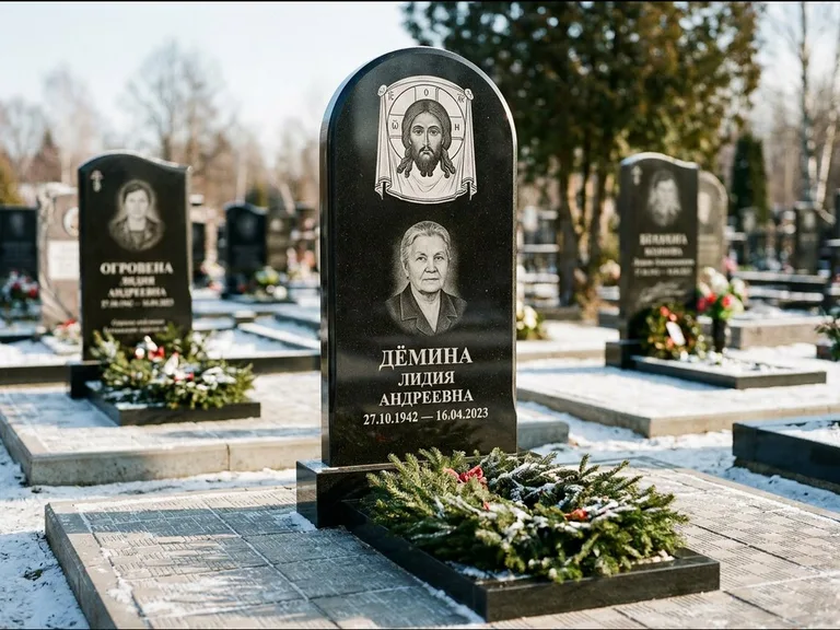 Памятник с гравировкой иконы — икона Спаса Вседержителя над именем усопшего, работа «Ковалёв» в Сочи