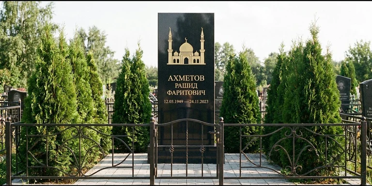Гравировка мечети на памятник в Сочи — стела из чёрного гранита, оформление по канонам ислама