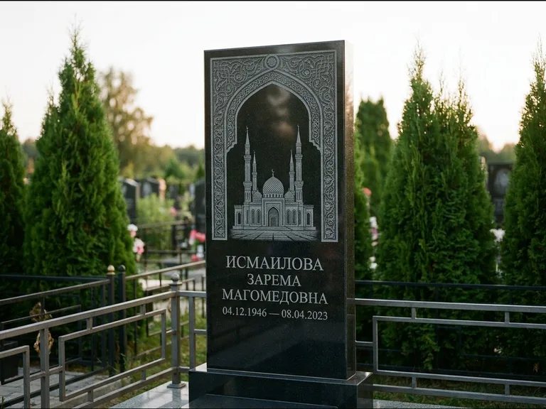 Мусульманский памятник с гравировкой мечети — мечеть в восточной арке с орнаментом, работа «Исмаилова» в Сочи