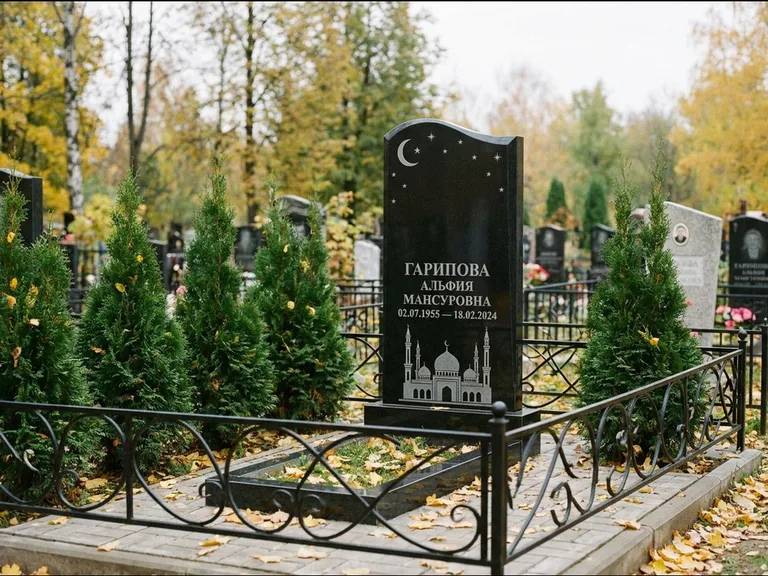 Мусульманский памятник с гравировкой мечети — мечеть с луной в ночном небе, работа «Гарипова» в Сочи