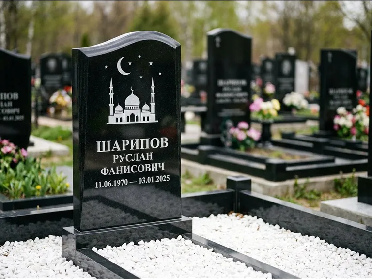 Мусульманский памятник с гравировкой мечети: стела с волнообразным скошенным верхом — гравировка мечети под полумесяцем и звёздами, белая мраморная крошка с бордюром, работа «Шарипов» в Сочи