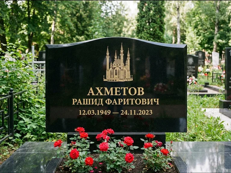 Мусульманский памятник с гравировкой мечети: широкая двойная семейная стела — золочёная гравировка мечети, цветник с красными розами, работа «Ахметов» в Сочи