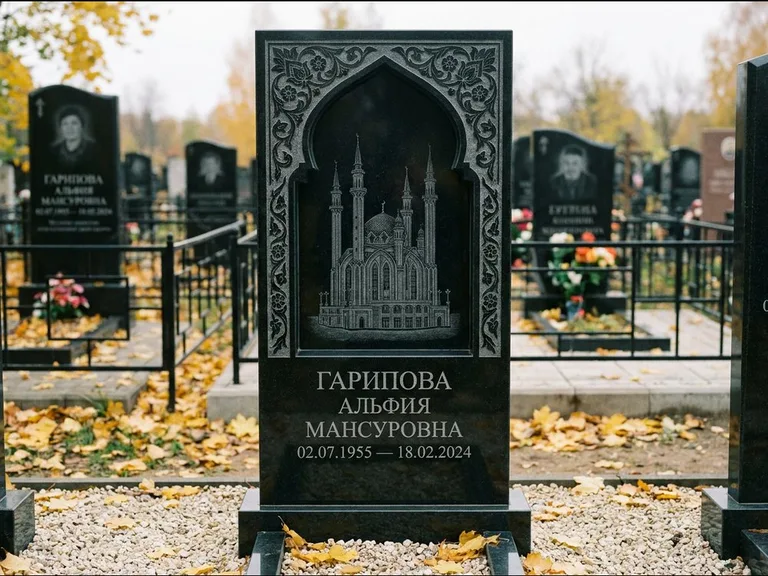 Мусульманский памятник с гравировкой мечети: фигурная стела с михраб-нишей — гравировка мечети в михраб-арке с орнаментом, светлая гравийная отсыпка, работа «Гарипова» в Сочи