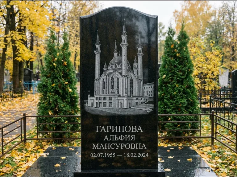 Мусульманский памятник с гравировкой мечети — мечеть Кул-Шариф на обороте стелы, работа «Гарипова» в Сочи
