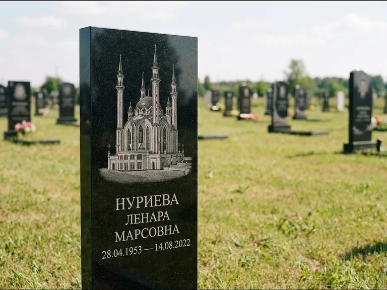 Мусульманский памятник с гравировкой мечети: узкая вертикальная стела-пилон — гравировка мечети в михраб-арке с орнаментом, открытая лужайка без ограды, работа «Хайруллина» в Сочи
