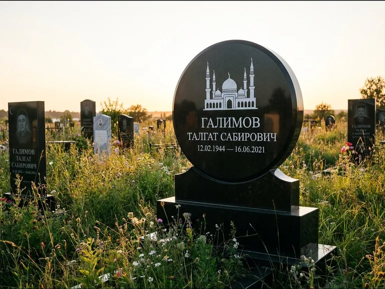Мусульманский памятник с гравировкой мечети: округлая стела-медальон на тумбе — гравировка мечети в михраб-арке с орнаментом, луговые травы и полевые цветы, работа «Каримов» в Сочи