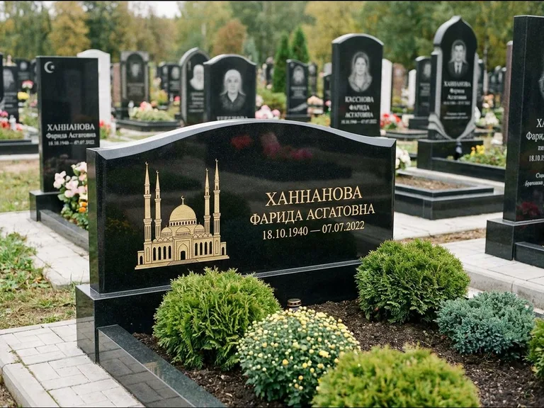 Мусульманский памятник с гравировкой мечети: вытянутая горизонтальная семейная стела с аркой — белая гравировка силуэта мечети с минаретами, участок с декоративными кустами, работа «Гарипова» в Сочи